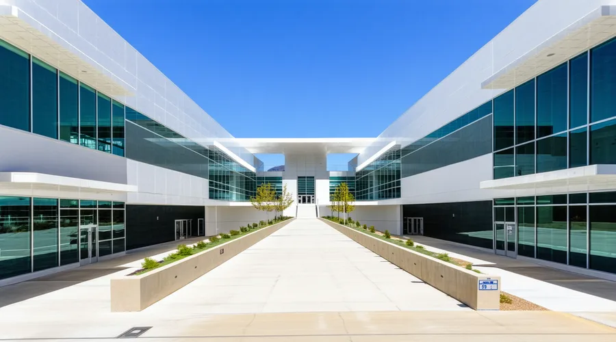 Modern biopharma research campus in San Diego, California, with clean architecture and outdoor walkways in bright Pacific light