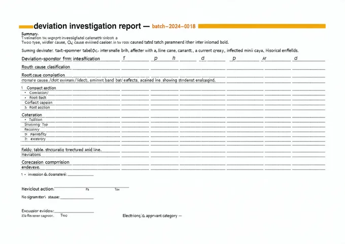 CDMO sponsor deviation report document showing structured investigation summary with batch comparison chart and root-cause classification