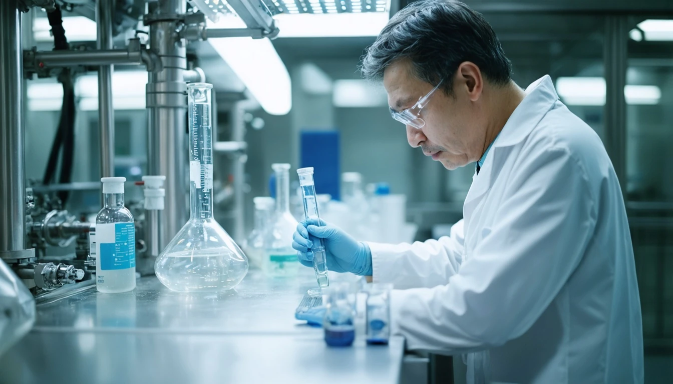 Bioprocess engineer monitoring fermentation data on a laboratory workbench