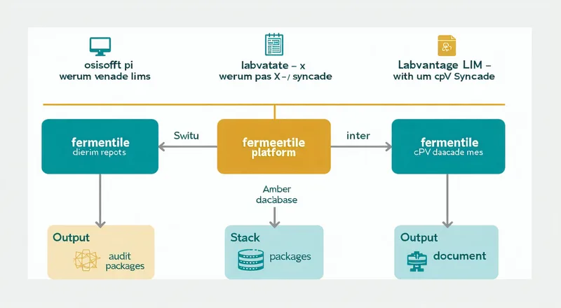 Data flow diagram showing integration connections from DCS historians, LIMS, and batch record systems into the Fermentile analytics platform